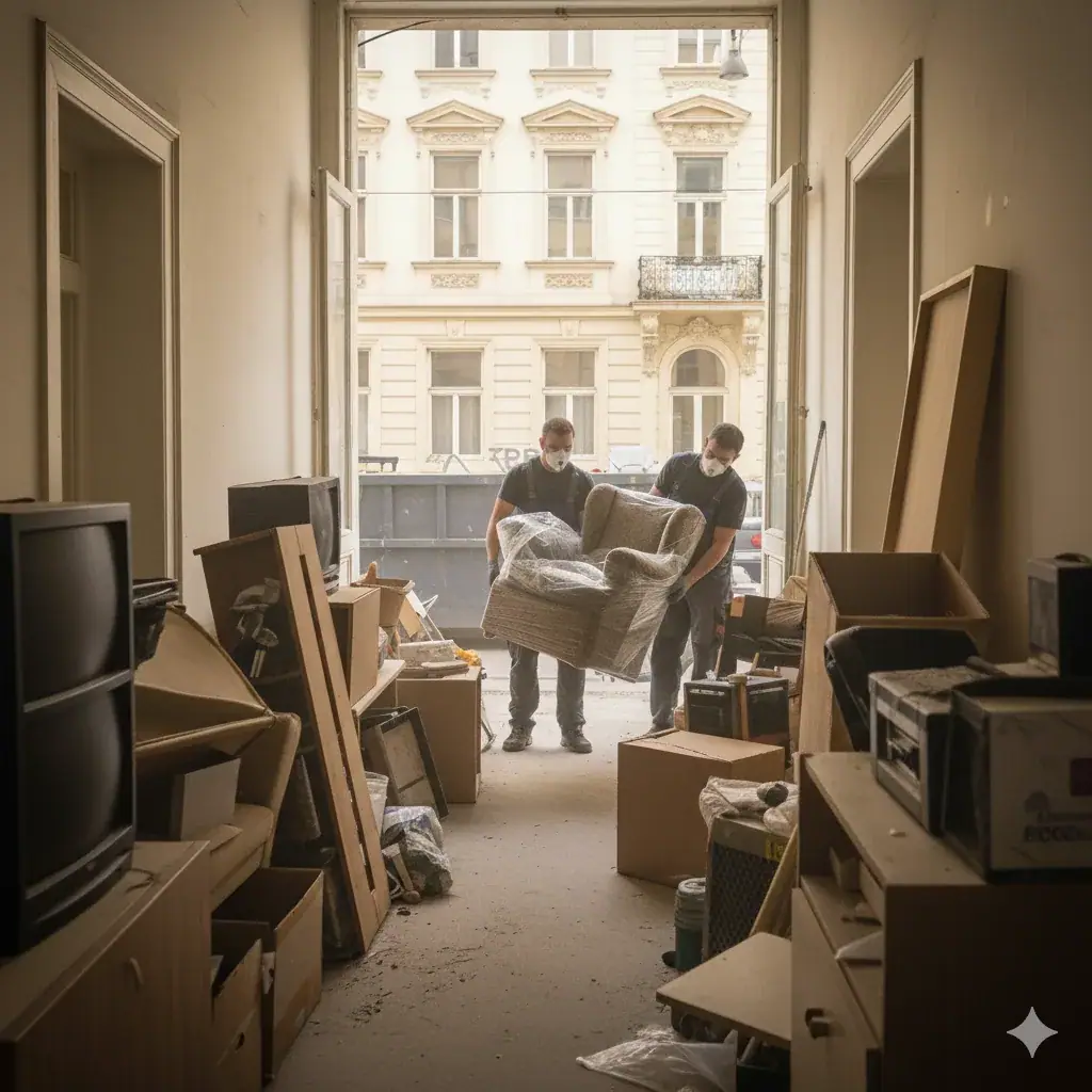 Zwei Mitarbeiter bei einer Wohnungsräumung in Wien